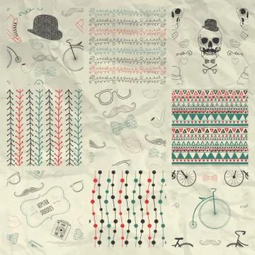 Pen Drawing Seamless Patterns on Crumpled Paper Texture Stock Illustration