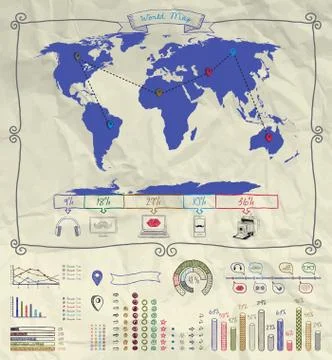 Pen Drawing Warld Map. Infographics on Crumpled Paper Stock Illustration