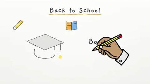 Pen drawn tutorial Back to School explaining books pencils and laptop 4K Stock Footage 348701184