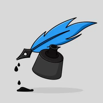 Pen feather with ink container  in cute cartoon illustration Stock Illustration