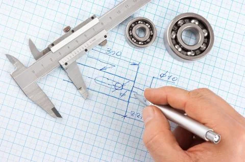 Pen in hand and  technical drawing Fotos de archivo