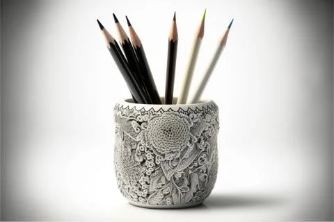 Pen inside a white ceramic cup in a completely white background Stock Illustration