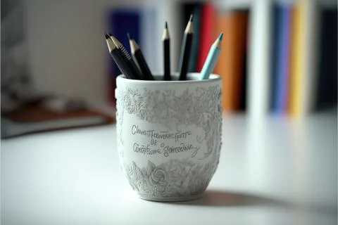 Pen inside a white ceramic cup in a completely white background Stock Illustration