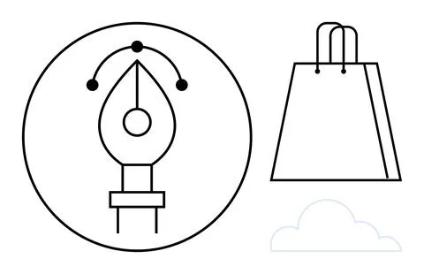 Pen nib tool inside a circle, shopping bag, and cloud. Ideal for design, ecom Stock Illustration