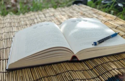 Pen on opened book, close up Fotos de archivo