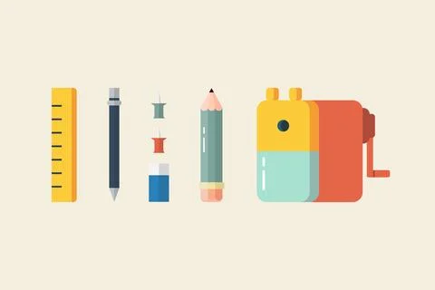 Pen pencil ruler and sharpener in flat style. Stock Illustration