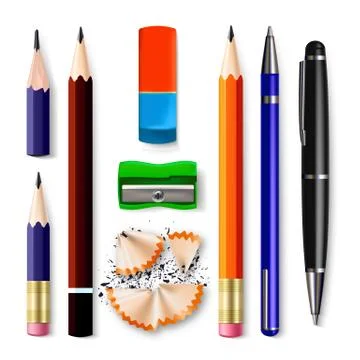 Pen, Pencil Stationery Set Vector. Sharpened. Classic Rubber, Without, Graphite Stock Illustration