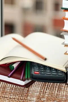 Pen pencil study textbooks Stock Photos