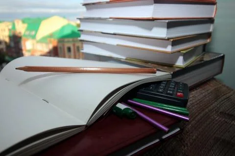 Pen pencil study textbooks Stock Photos