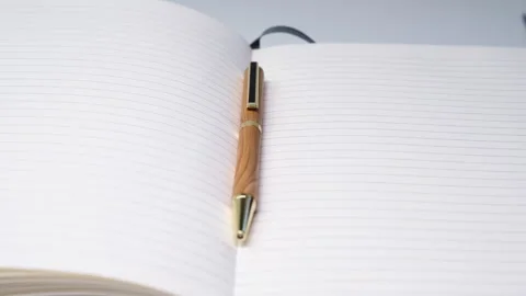 Pen resting on a blank notebook Stock Footage 328779177
