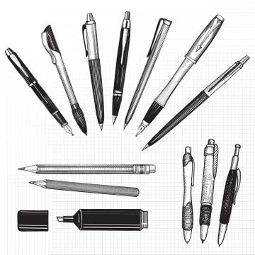 Pen set. Hand drawn vector doodle illustration. Pencils, pens and marker co.. Stock Illustration