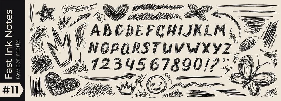 Pen squiggle random with texture messy alphabet and pencil scribble scratch Stock Illustration