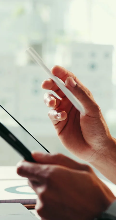 Pen, tablet and thinking with hands of person in office for review of data Stock Footage 329370809