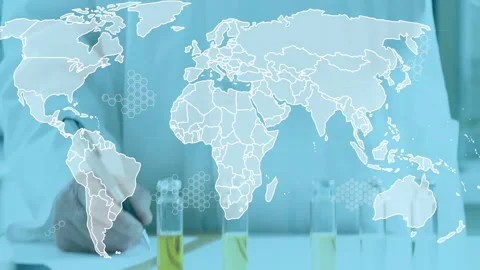 Pen tip moving across notes initiating world map overlay and hex patterns as Stock Footage 311141154