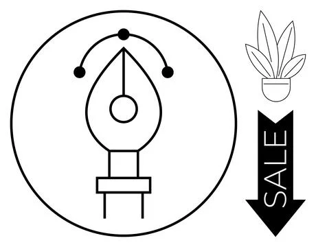 Pen Tool in Circle with Plant Pot and Sale Arrow Stock Illustration