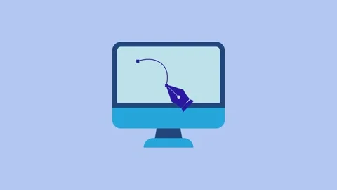 Pen tool icon drawing curve line on pc animation isolated on blue background Stock Footage 337187821