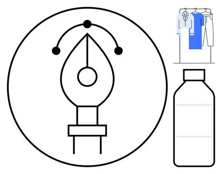 Pen tool icon inside circle, shirts and jacket on racks, and water bottle on  Stock Illustration