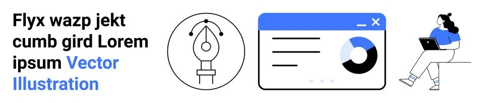 Pen tool symbol, chart interface window, and seated person with laptop. Ideal Illustrazione stock