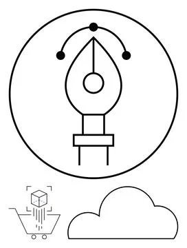 Pen tool within a circle, representing graphic design concepts. Below, a shop 스톡 일러스트