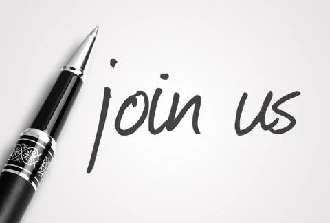 Pen writes join us on white blank paper Foto stock