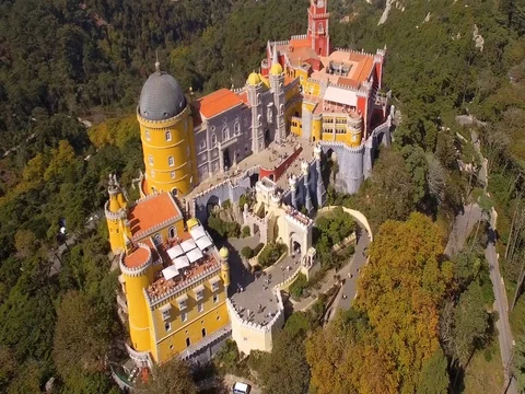 Pena Palace and National Park in Sintra, Portugal, Aerial View Stock Footage