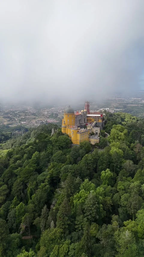 Pena Palace Vertical Drone Footage In Clouds Stock Footage 333673748