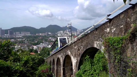 Penang Hill Funicular Train Ascending Steep Historic Viaduct Stock Footage 328697688