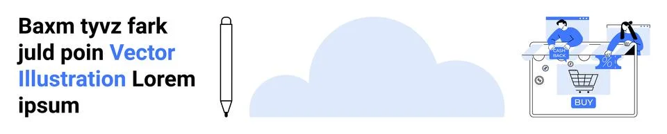 Pencil alongside text, cloud shape, and two people working on an online shopp イラスト素材