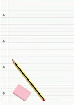 PENCIL AND ERASER ON A NOTEBOOK LINED SHEET Illustrazione stock