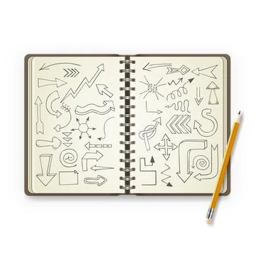 Pencil and open notebook with painted arrows Stock Illustration