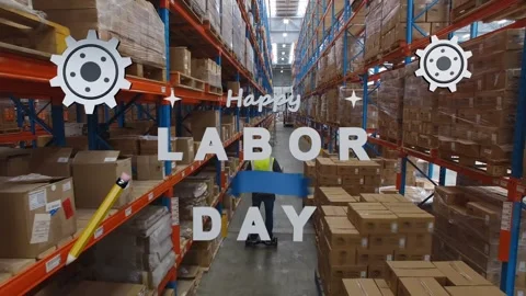 Pencil and ruler sliding in, worker operating pallet jack moving down aisle Stock Footage 340654721
