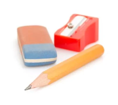 Pencil and sharpener on white Stock Photos