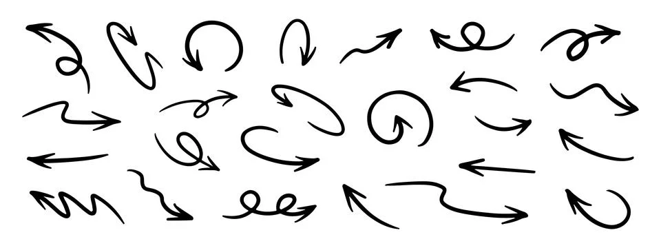 Pencil Arrows Squiggle Vector Set. Chalk Scribble Pointer Shapes Collection. Pen Stock Illustration