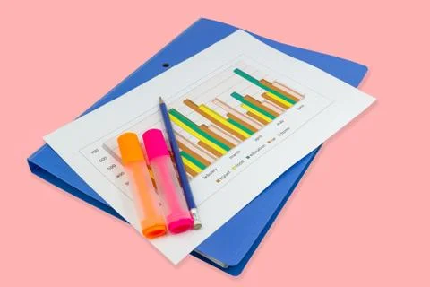 Pencil, Blue file, graph sheet, Color highlight pen on white background 스톡 사진