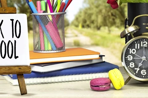 Pencil-box and books, notebook and clock showing seven o'clock and flowers, maca Stock Footage 287190121