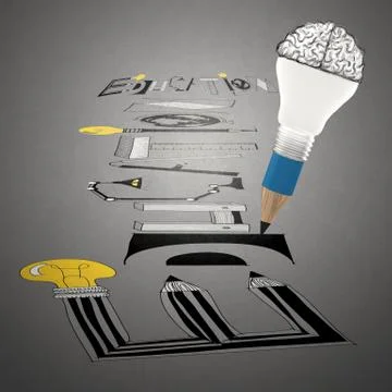 Pencil brain lightbulb drawing design word education paper  as concept イラスト素材