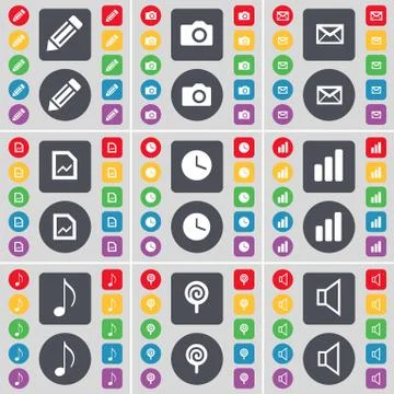 Pencil, Camera, Message, Graph file, Clock, Diagram, Note, Lollipop, Sound icon Illustrazione stock