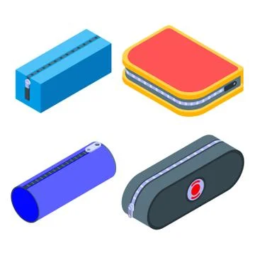 Pencil case icons set, isometric style Stock Illustration
