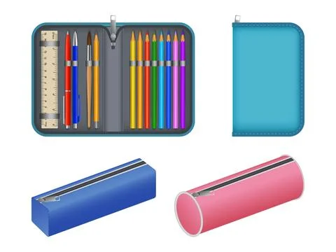 Pencil case icons set, realistic style Stock Illustration