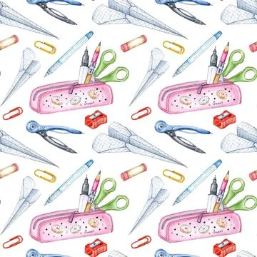 Pencil case pattern and paper airplane watercolor 库存插图