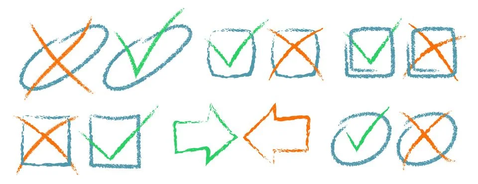 Pencil Color Check Box Vector Set. Chalk Scribble Tick Mark Shapes Collection Illustrazione stock