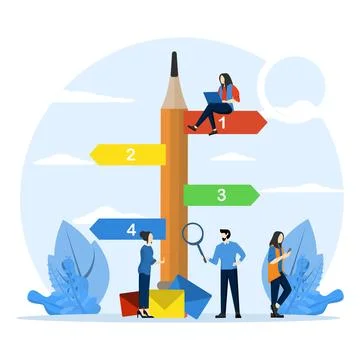 Pencil direction sign on different road, destination, Solution. Stockillustratie