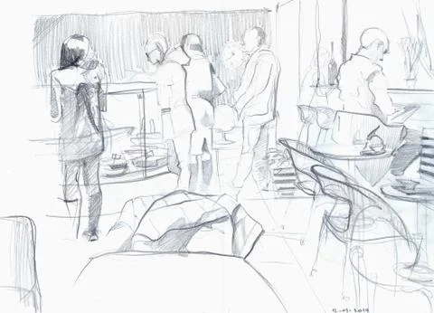 Pencil drawing of a cafe interior Stock Illustration