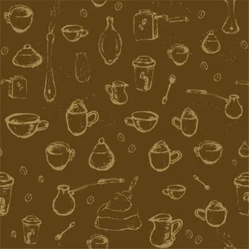 Pencil drawing of coffee elements, mugs, coffee grinder, spoons, turk for mak 스톡 일러스트