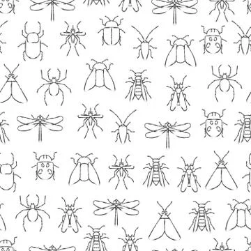 Pencil drawing insects seamless pattern. Wild nature seamless texture Illustrazione stock