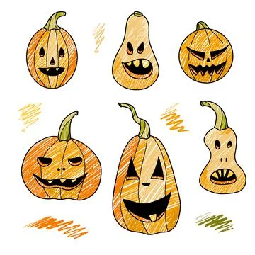 Pencil drawings, halloween elements set pumpkin Vector Stock Illustration