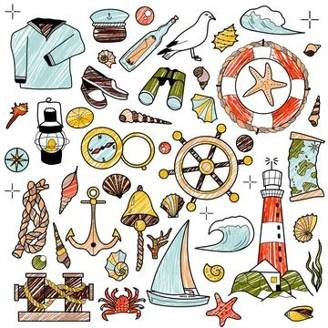 Pencil drawings, set of elements of sea travel, cruise, lighthouse, sail, a.. Stock Illustration