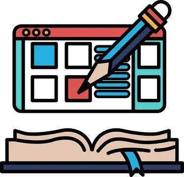 A pencil is drawn on a computer screen with a book open Stock Illustration