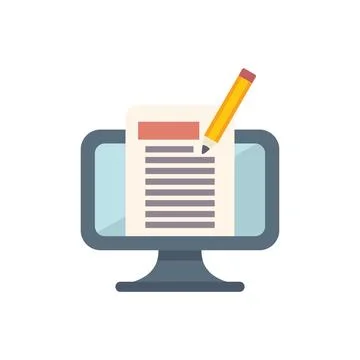 Pencil editing text on computer screen with cursor in flat cartoon style Stock Illustration