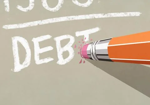 Pencil eraser erasing the "T" from white "DEBT" text on beige background Stock Illustration